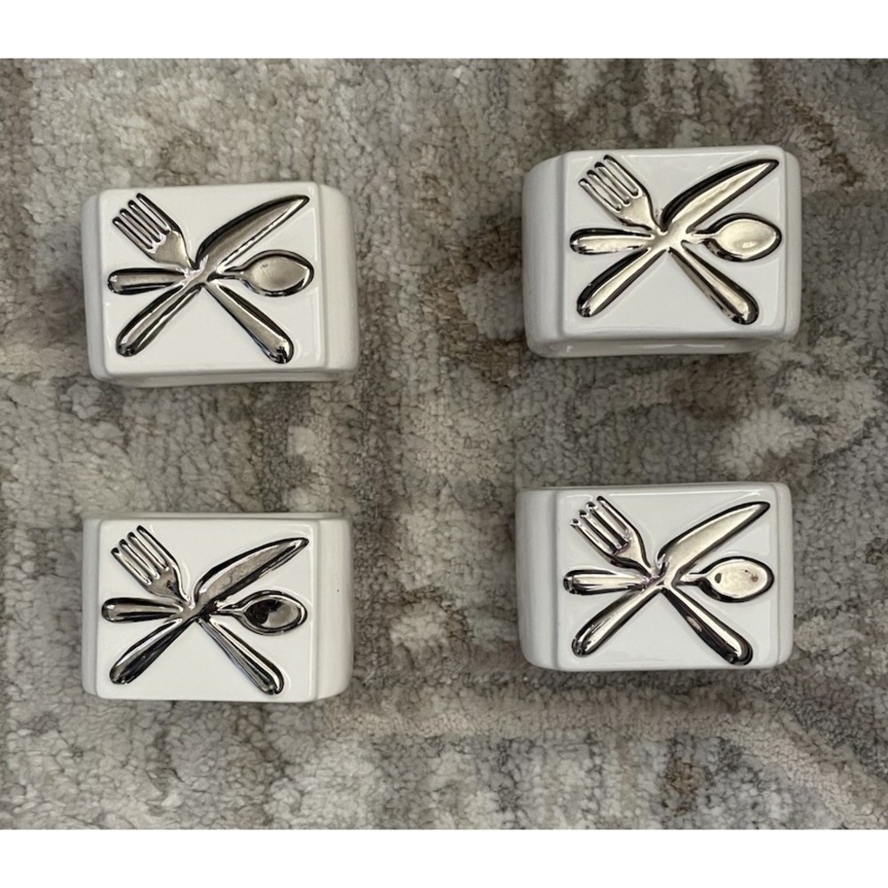 Pottery Barn Flatware Napkin Rings Holders set of 4 White Silverware Ceramic